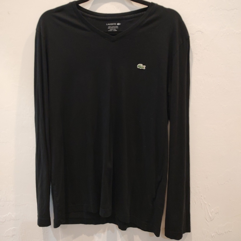 Lacoste Men's Black Pima Cotton Long Sleeve V-Neck T-Shirt Size Large Minimalist